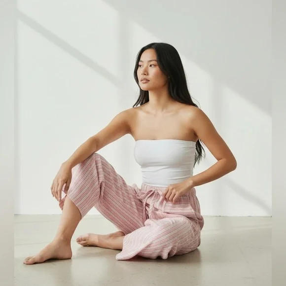 995. Wide leg high rise ankle length casual pant in pink - Picture 2 of 2